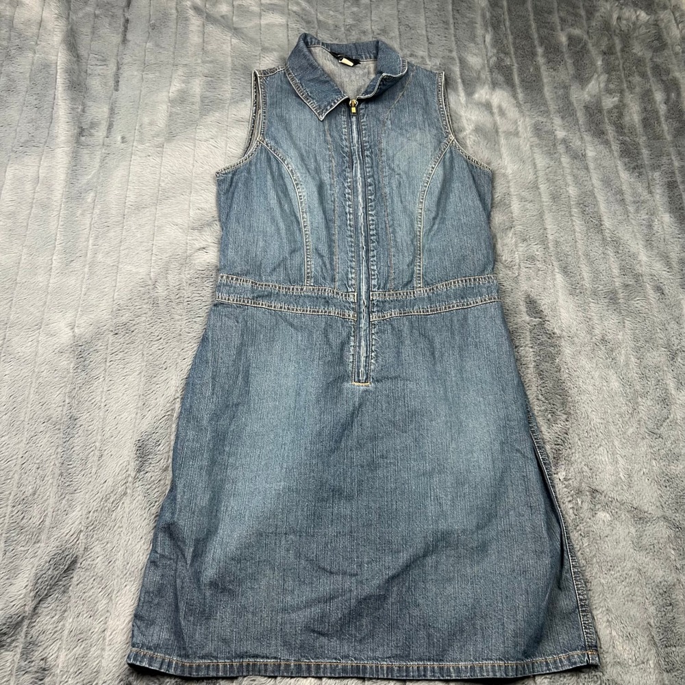 Moda International Womens Blue Denim Sleeveless Zip Front Mini Dress Size 10